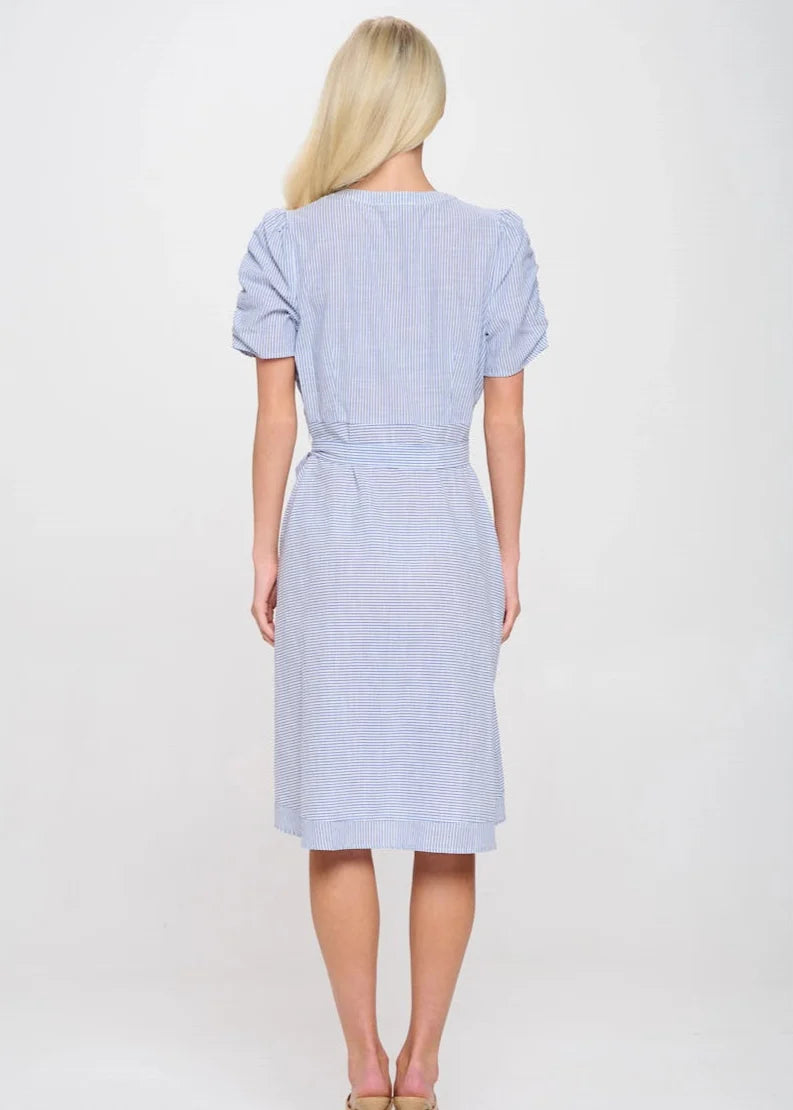 Perseption Puff Full Button Midi Tie Waist Dress