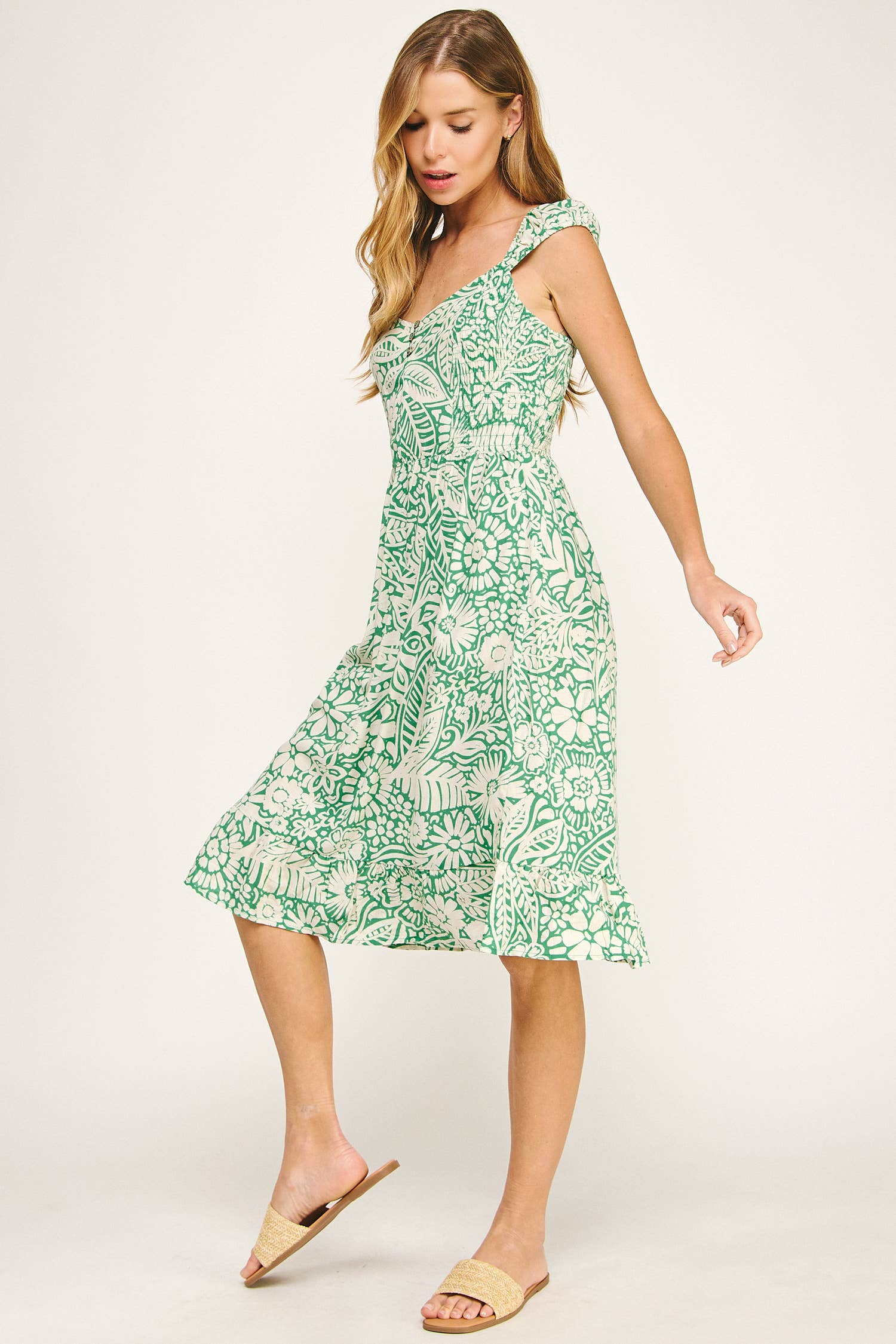 Winslow Collection Airy Charm Printed Midi Dress With Elastic Sleeves.