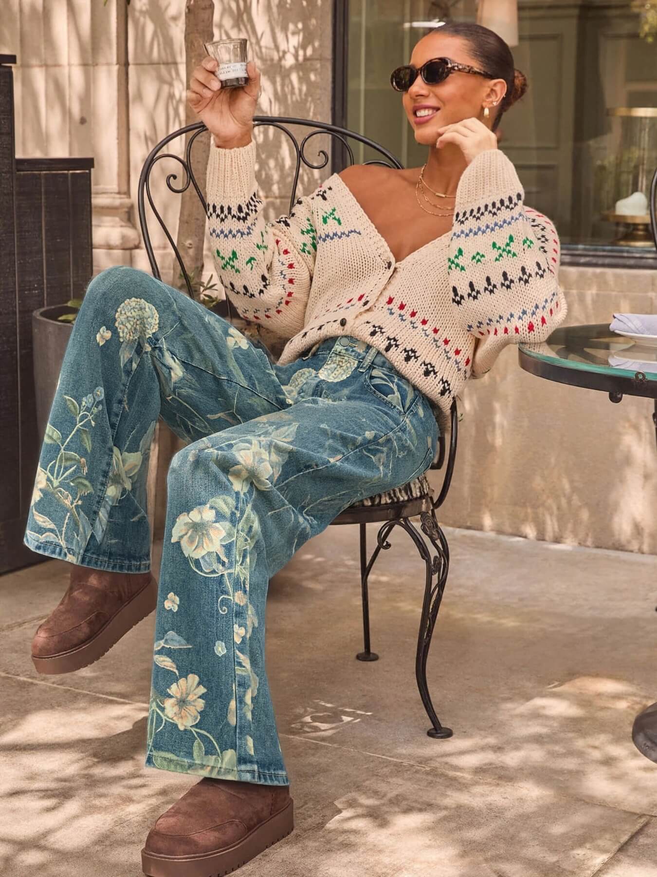 Avina Mid Rise Floral Stretch Flare Jeans