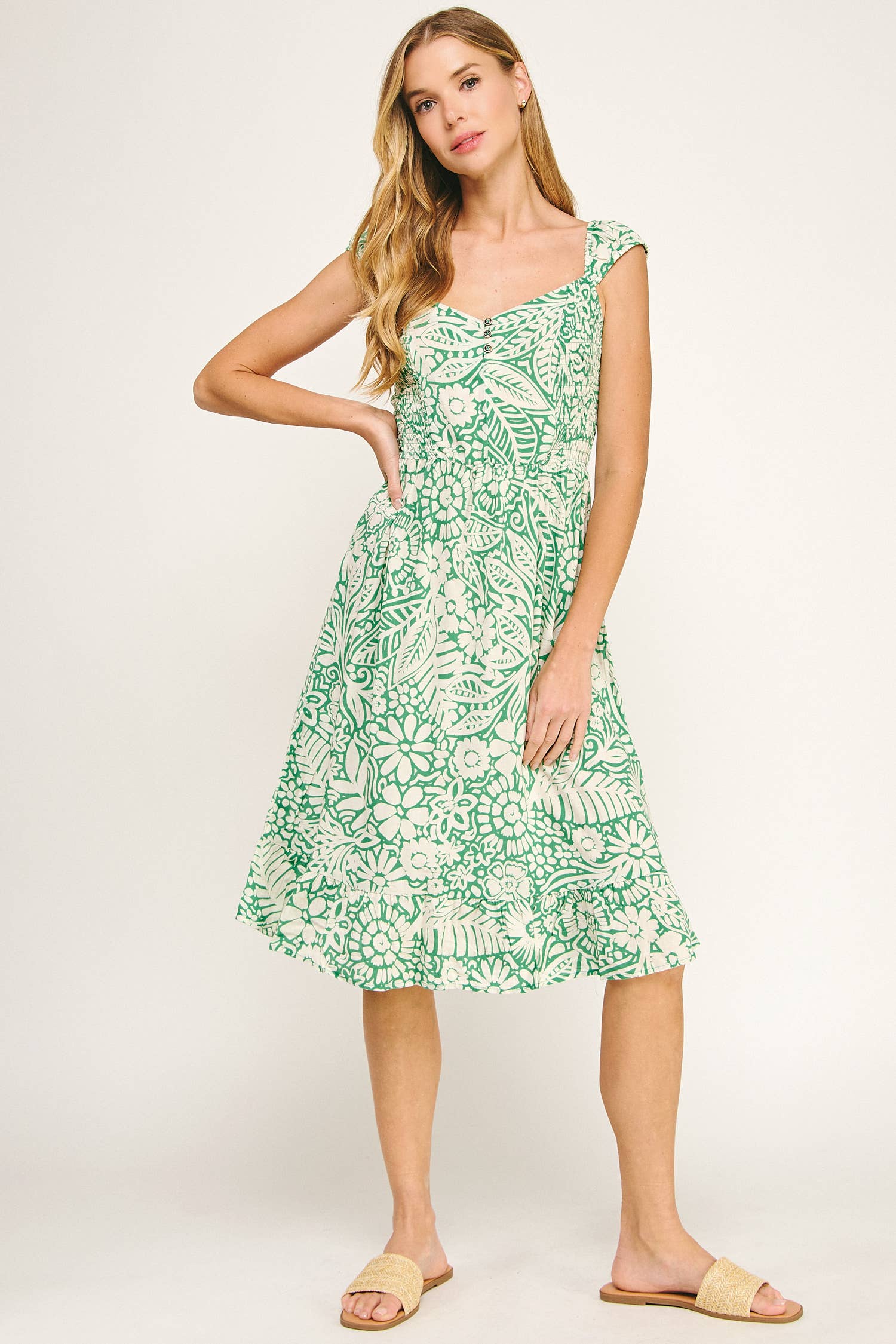 Winslow Collection Airy Charm Printed Midi Dress With Elastic Sleeves.