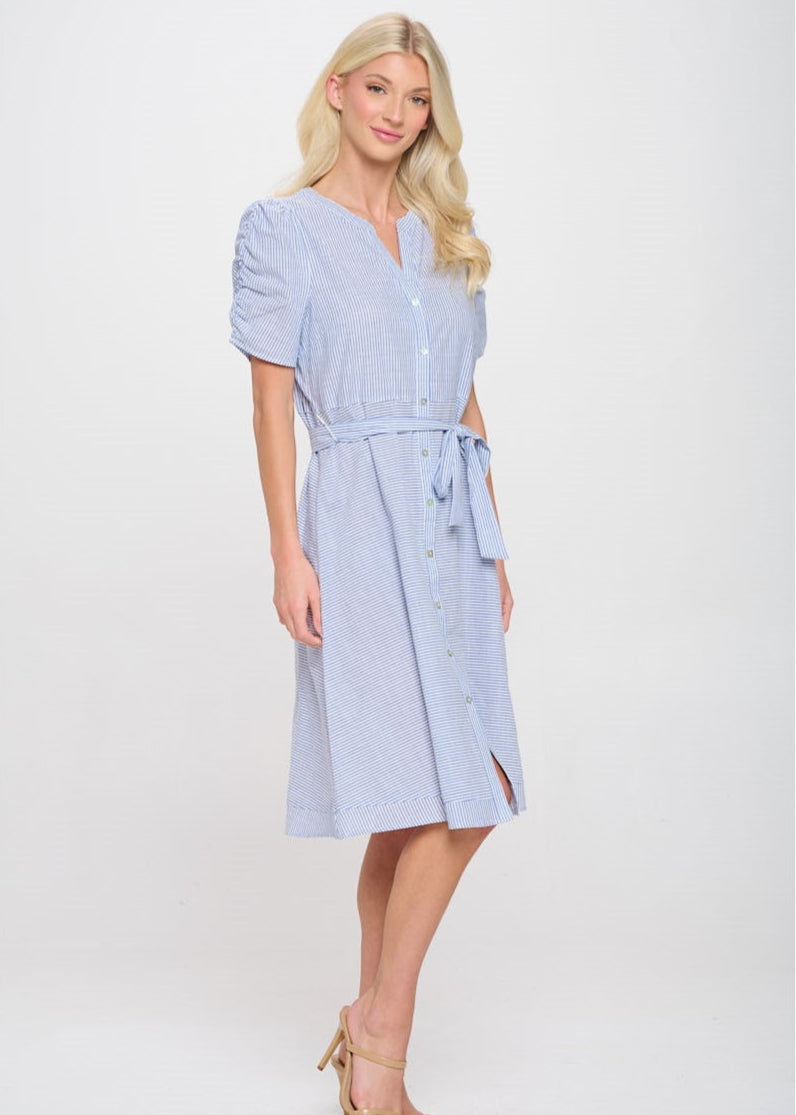 Perseption Puff Full Button Midi Tie Waist Dress