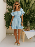 Pure Essence Smocked Babydoll Mini Dress - blue