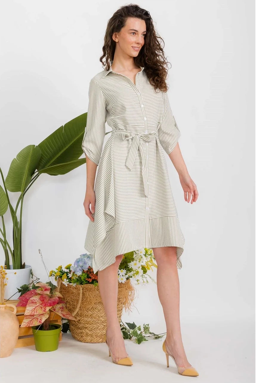 Perseption Chambray Pinstripe Self Tie Shirt Dress