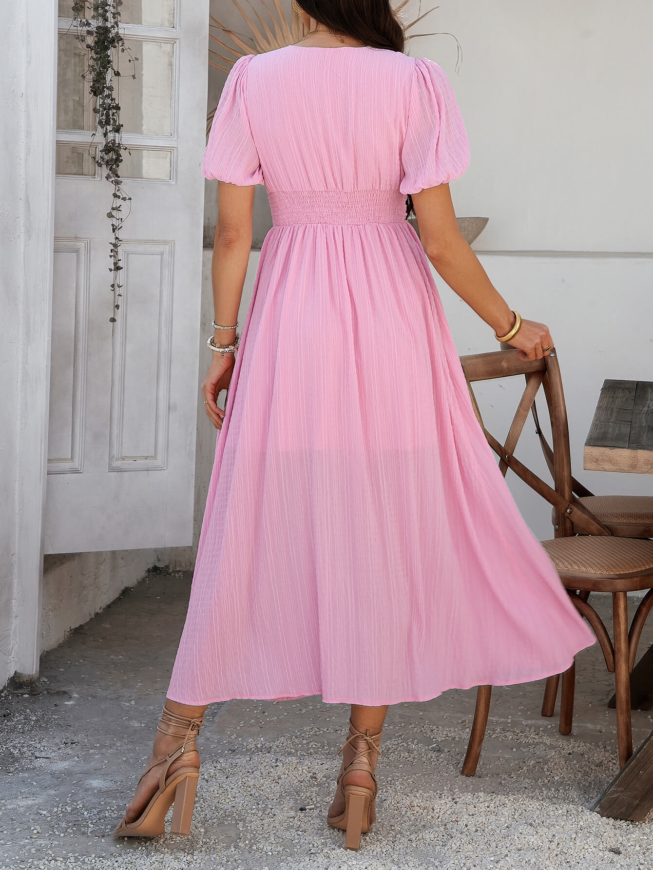 Coriene Short Puff Sleeve Maxi Dress - pink