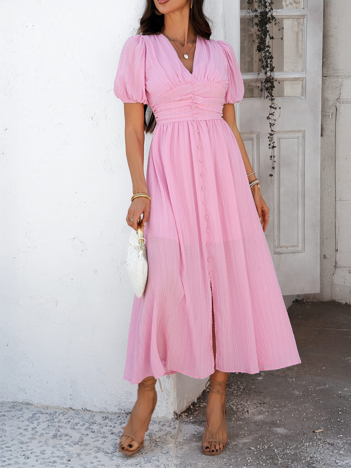 Coriene Short Puff Sleeve Maxi Dress - pink